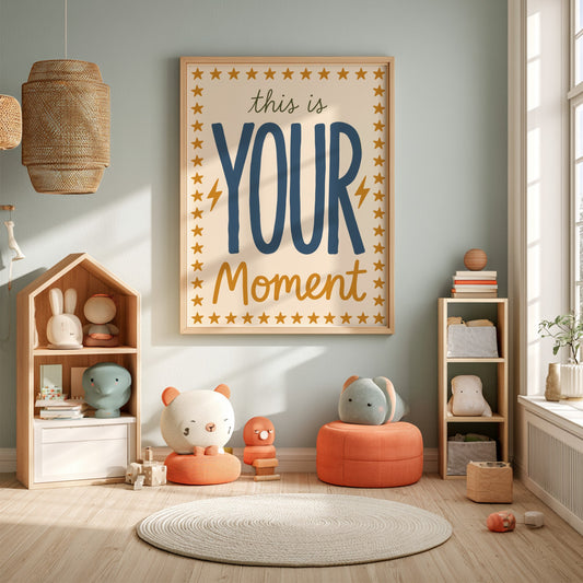 Kids room poster featuring playful typography in warm colors with stars and lightning bolts, perfect for