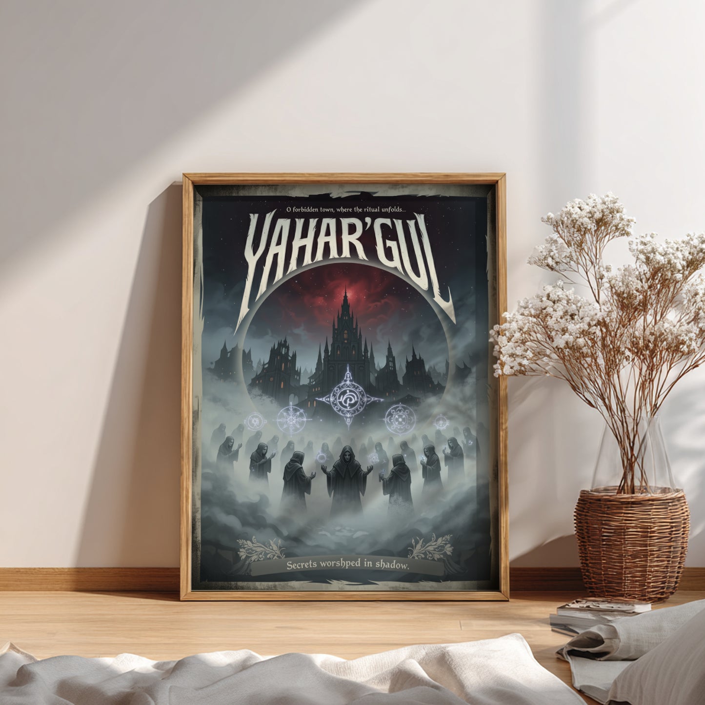 Framed Yahar'Gul from Bloodborne  poster on a wall with a plant and decor items below.