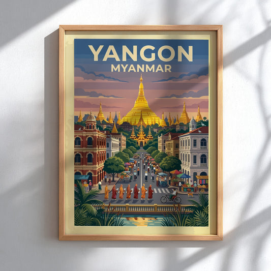 Yangon Myanmar travel poster showing a golden pagoda above a bustling city street scene.