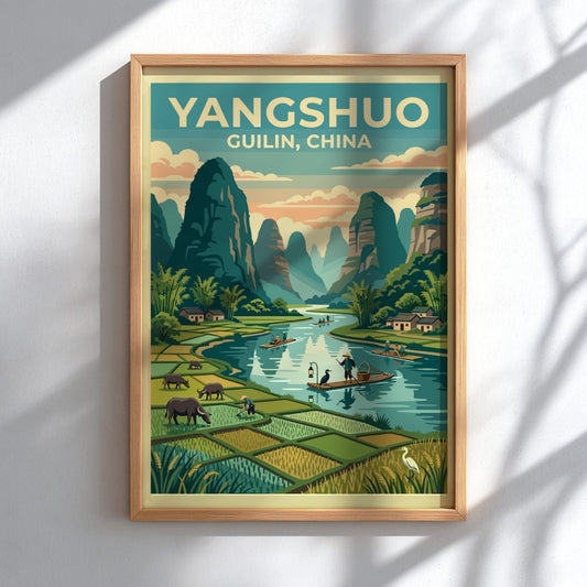 Travel poster featuring Yangshuo landscape with mountains and water in vintage style