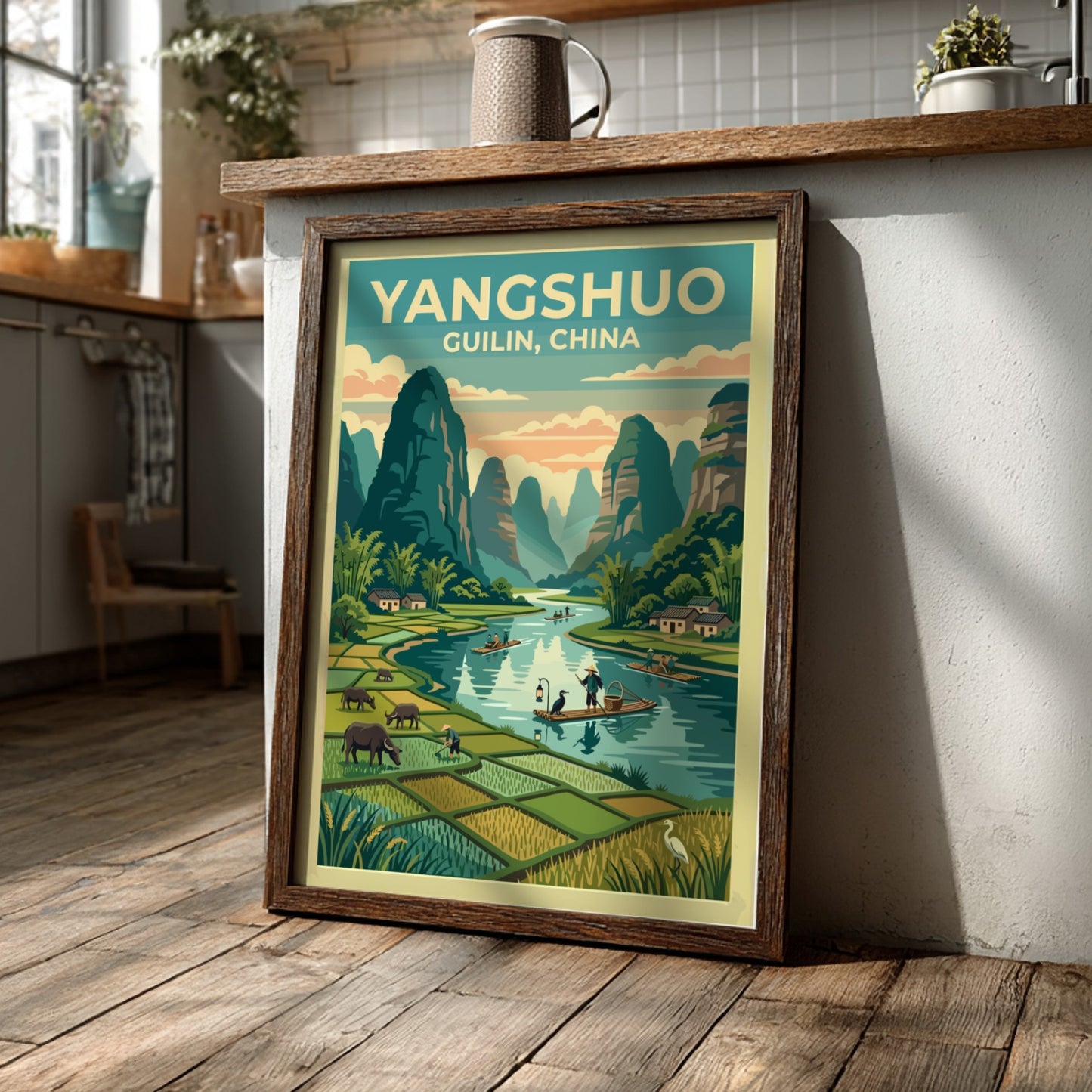 Travel poster featuring Yangshuo landscape with mountains and water in vintage style