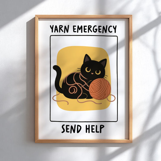 Yarn Emergency Poster - Funny Black Cat Wall Art Print