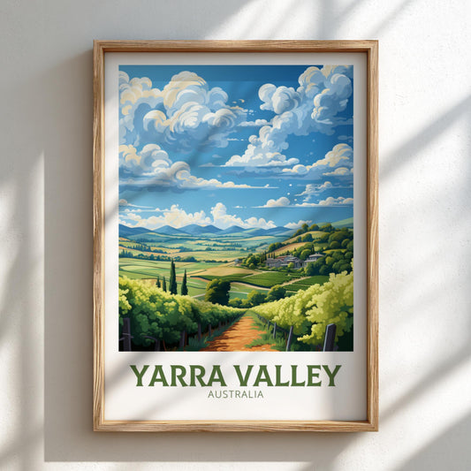 Framed artwork of Yarra Valley, Australia landscape with blue sky and green fields.