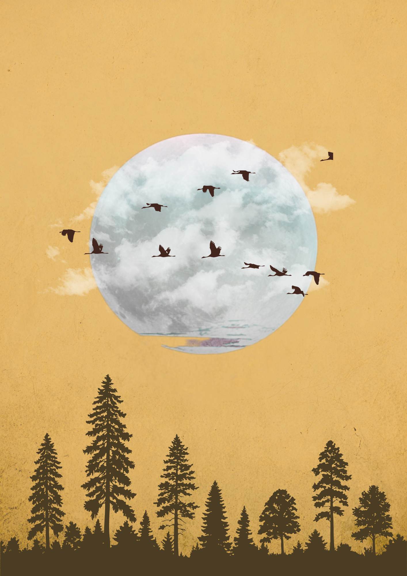 Golden Moon Forest Art Print – Warm Nature Wall Decor