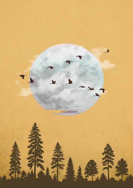 Impression d'art Forêt de lune dorée – Décoration murale nature chaleureuse