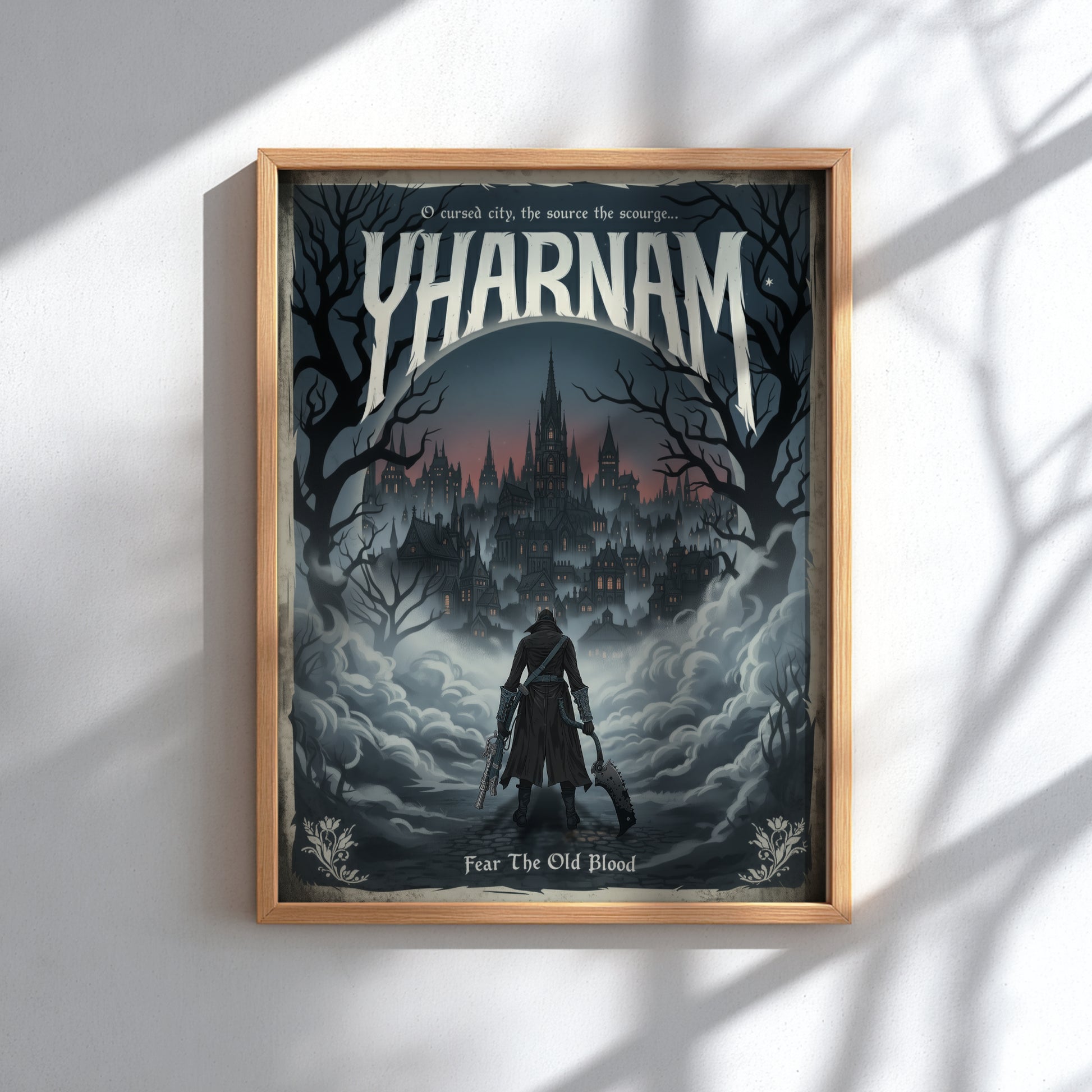Framed poster of 'Yharnam' with a dark, gothic landscape and silhouette of a character.