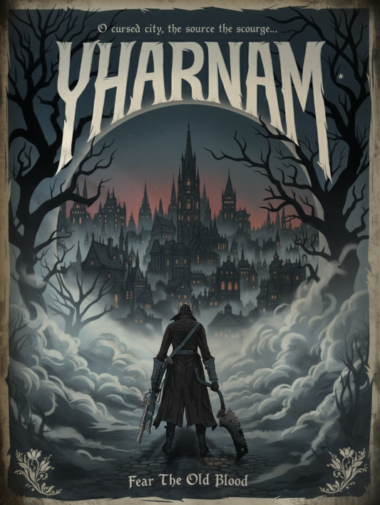Framed poster of 'Yharnam' with a dark fantasy design on a wall.