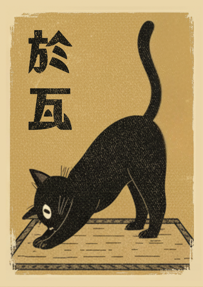 Black cat illustration on a textured brown background with Japanese characters.