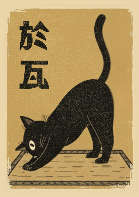 Black cat illustration on a textured brown background with Japanese characters.
