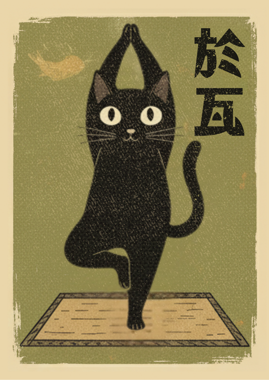 Illustration of a black cat doing yoga on a green background with Japanese text.