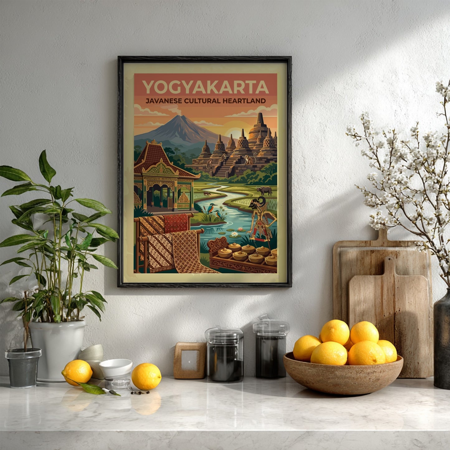 Travel poster of Yogyakarta featuring Borobudur temple, a mountain, rice paddies, and gamelan.