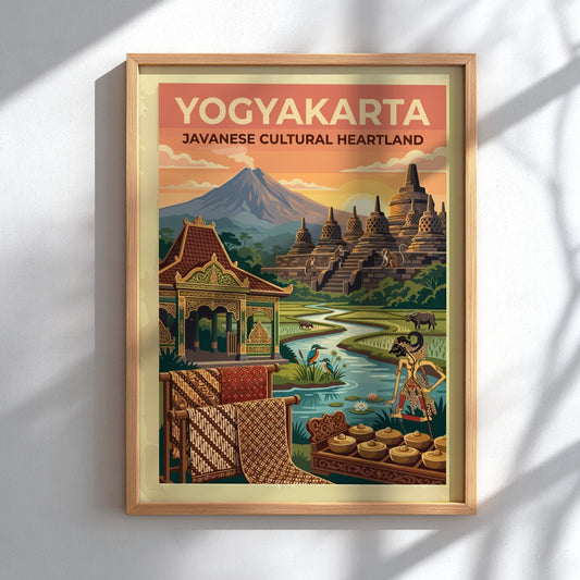 Travel poster of Yogyakarta featuring Borobudur temple, a mountain, rice paddies, and gamelan.