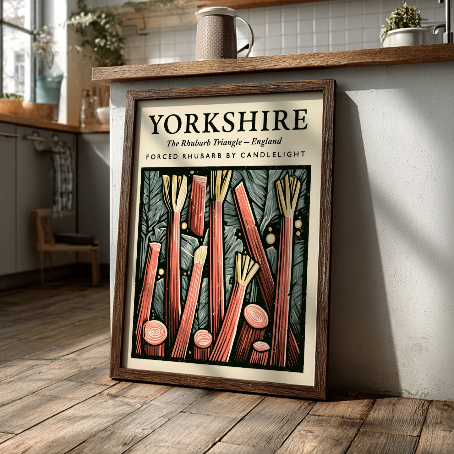 Kitchen poster featuring vibrant Yorkshire rhubarb with red stalks and textured background for warm decor