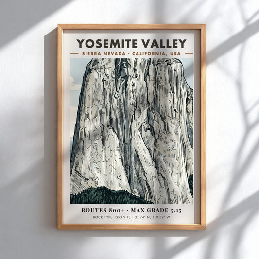Poster featuring a detailed illustration of the granite walls in Yosemite Valley California