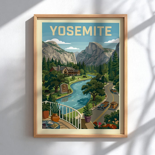 Vintage Yosemite Valley travel poster with river, mountains, lodge, and classic cars in a retro art style.