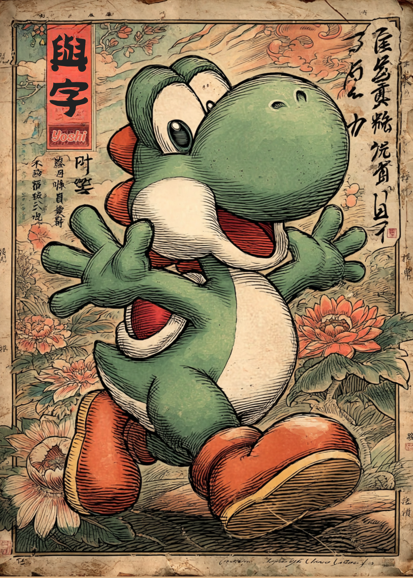 Yoshi character with a vintage Japanese art style