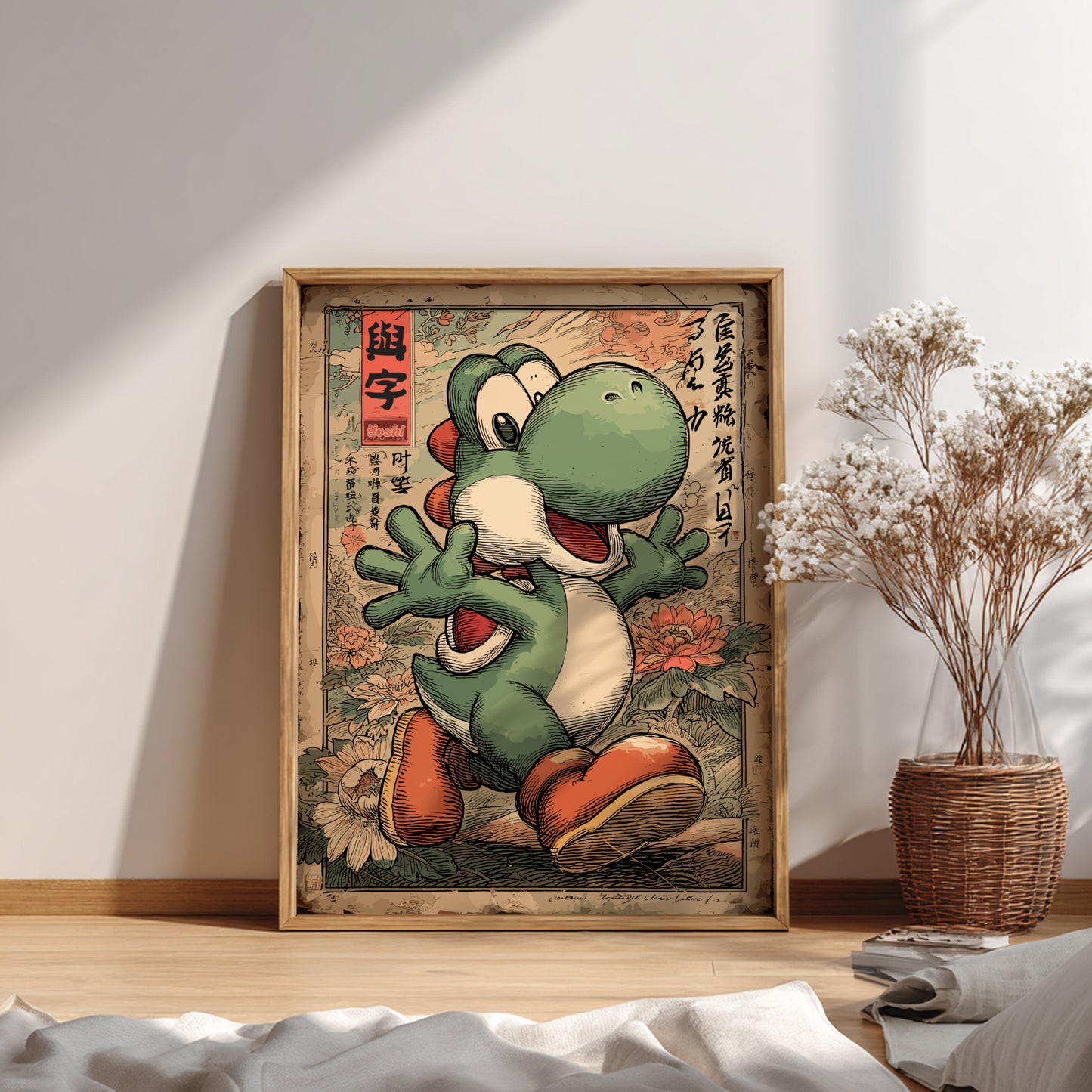 Framed artwork of Yoshi character with red shoes on a wall.