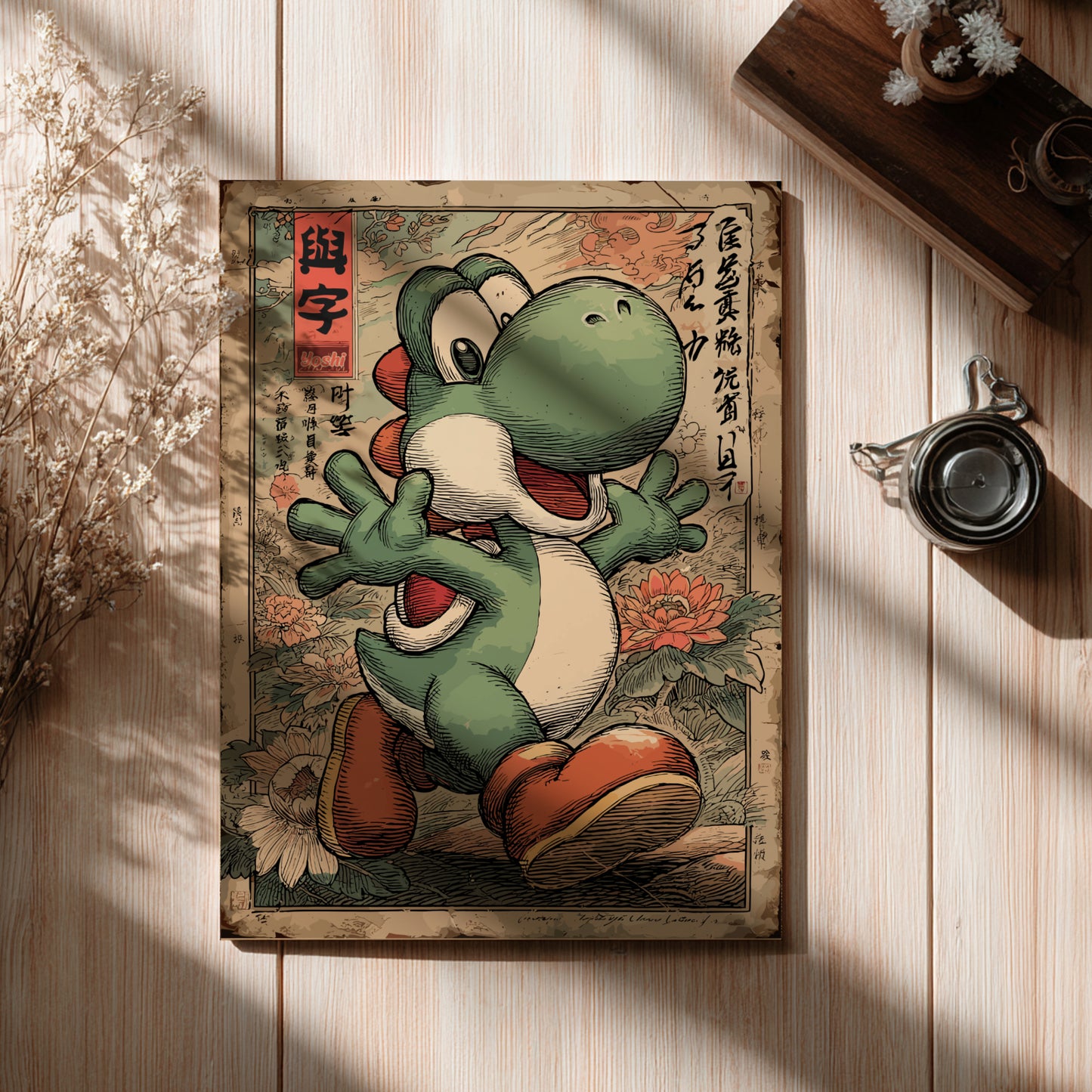 Yoshi character on a wooden surface with decorative elements