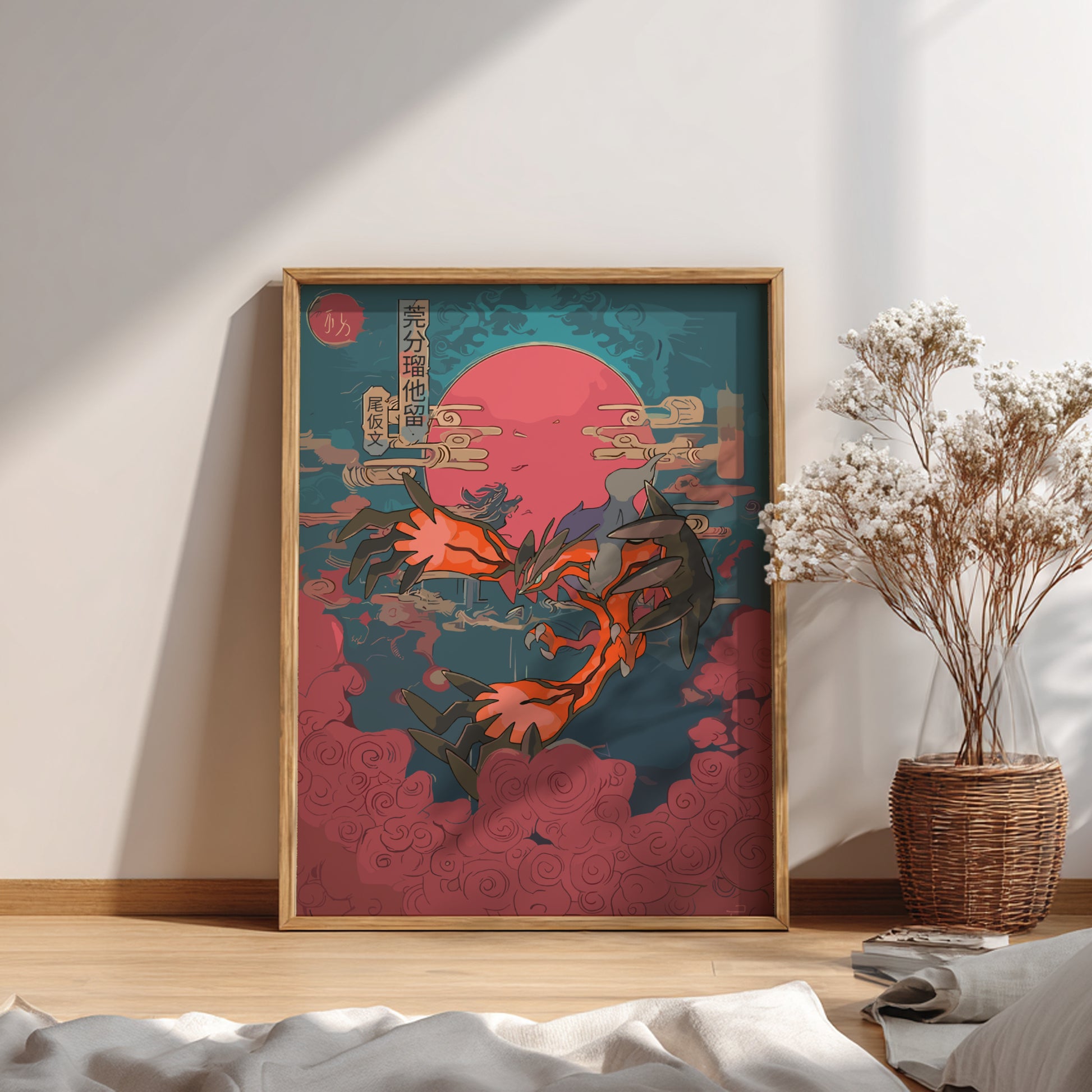 Framed artwork with a Yveltal Pokemon design on a wall in a room with a vase of flowers.