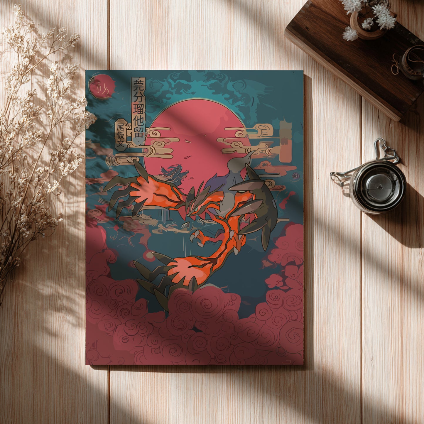 Decorative poster with Yveltal Pokemon design on a wooden surface