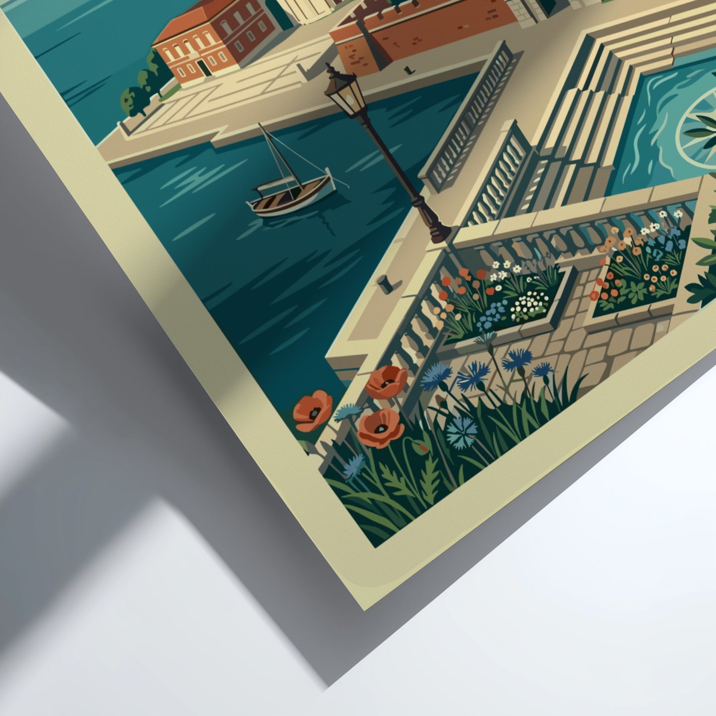 Vintage Zadar, Croatia travel poster featuring coastal architecture and a sailboat in a mid-century modern
