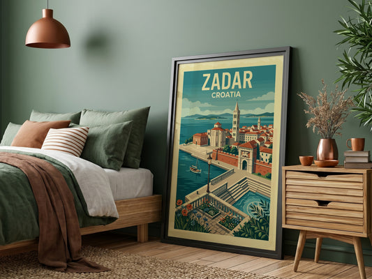 Vintage Zadar, Croatia travel poster featuring coastal architecture and a sailboat in a mid-century modern