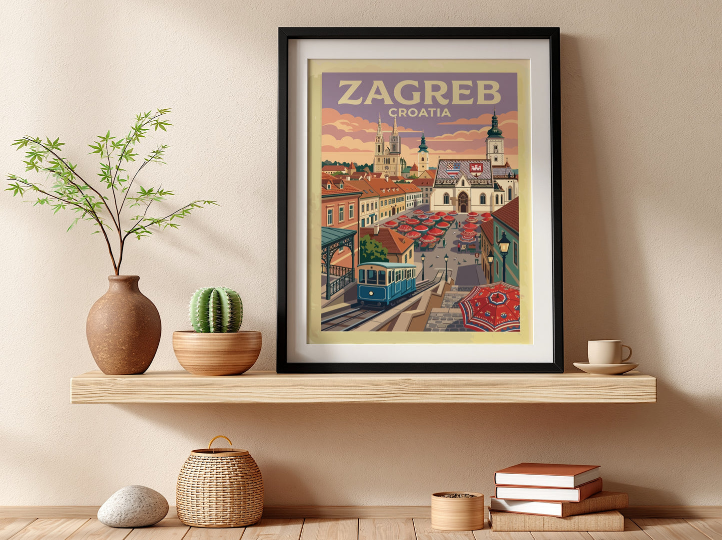 Travel poster of Zagreb Croatia showing the blue funicular, historic cathedral and market