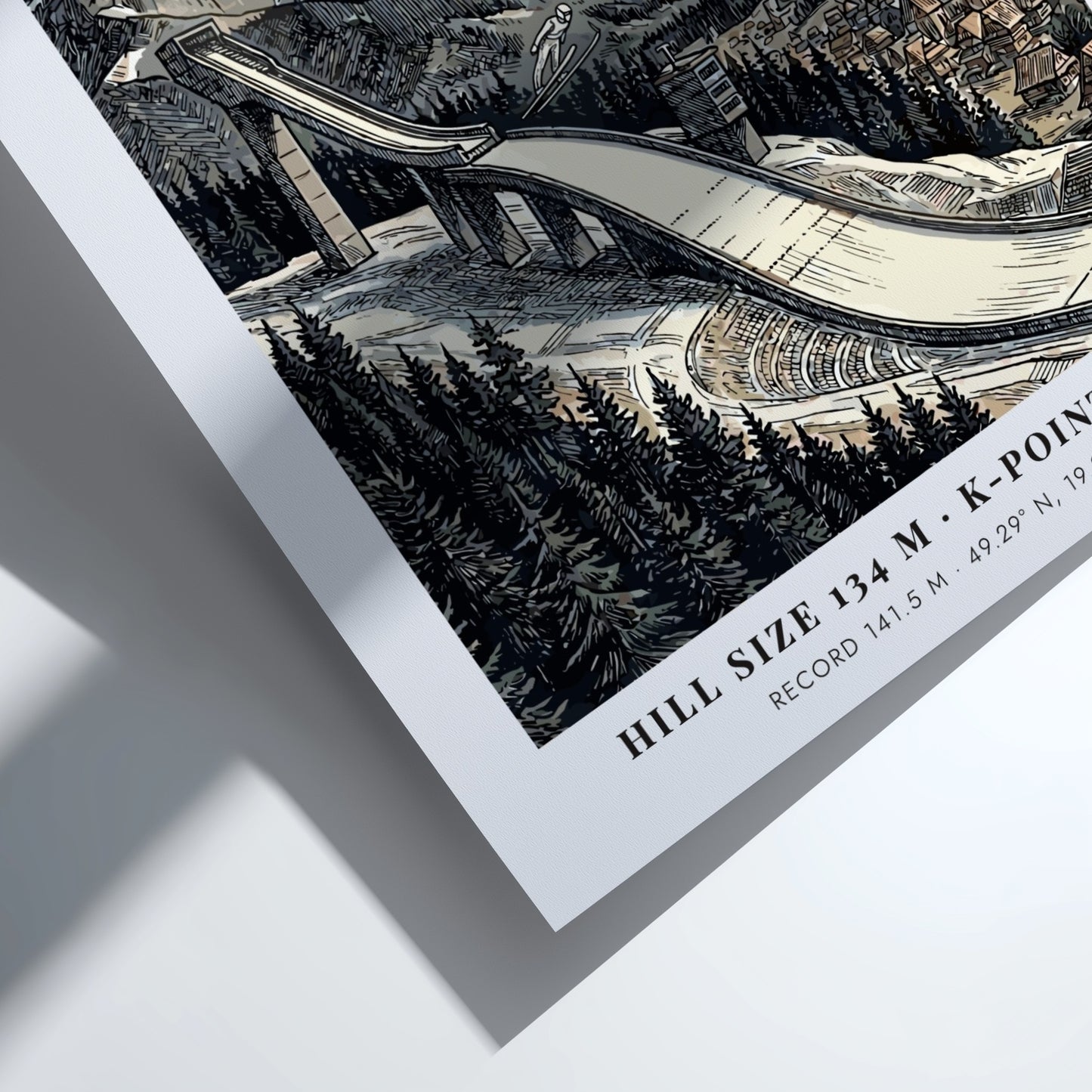 Poster of the Zakopane ski jump with jagged mountain peaks and a small village.
