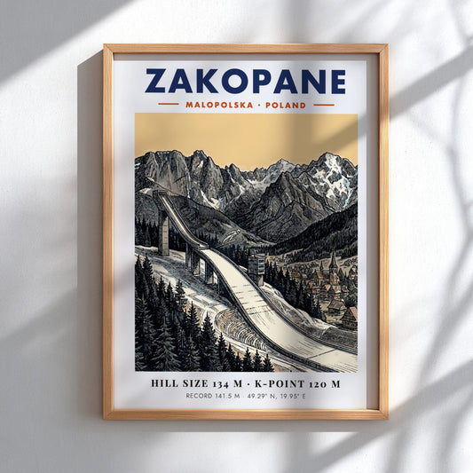 Poster of the Zakopane ski jump with jagged mountain peaks and a small village.