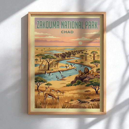 Zakouma National Park poster featuring wildlife, vibrant colors, and natural scenery