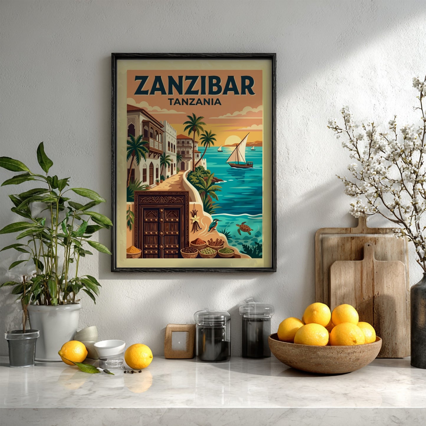Travel poster of Zanzibar Tanzania featuring a traditional wooden door and sailboat sunset.
