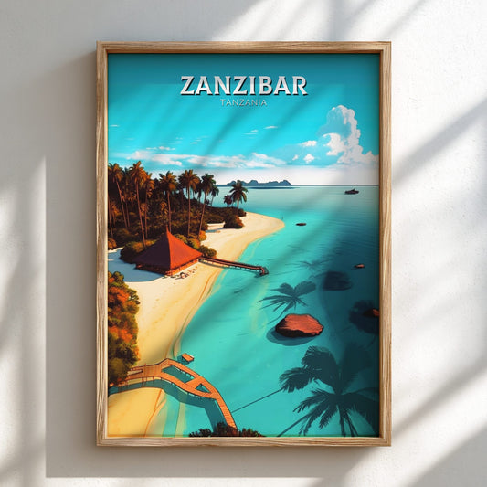 Framed artwork of Zanzibar with a tropical beach scene.