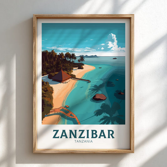 Framed artwork of Zanzibar with a tropical beach scene.
