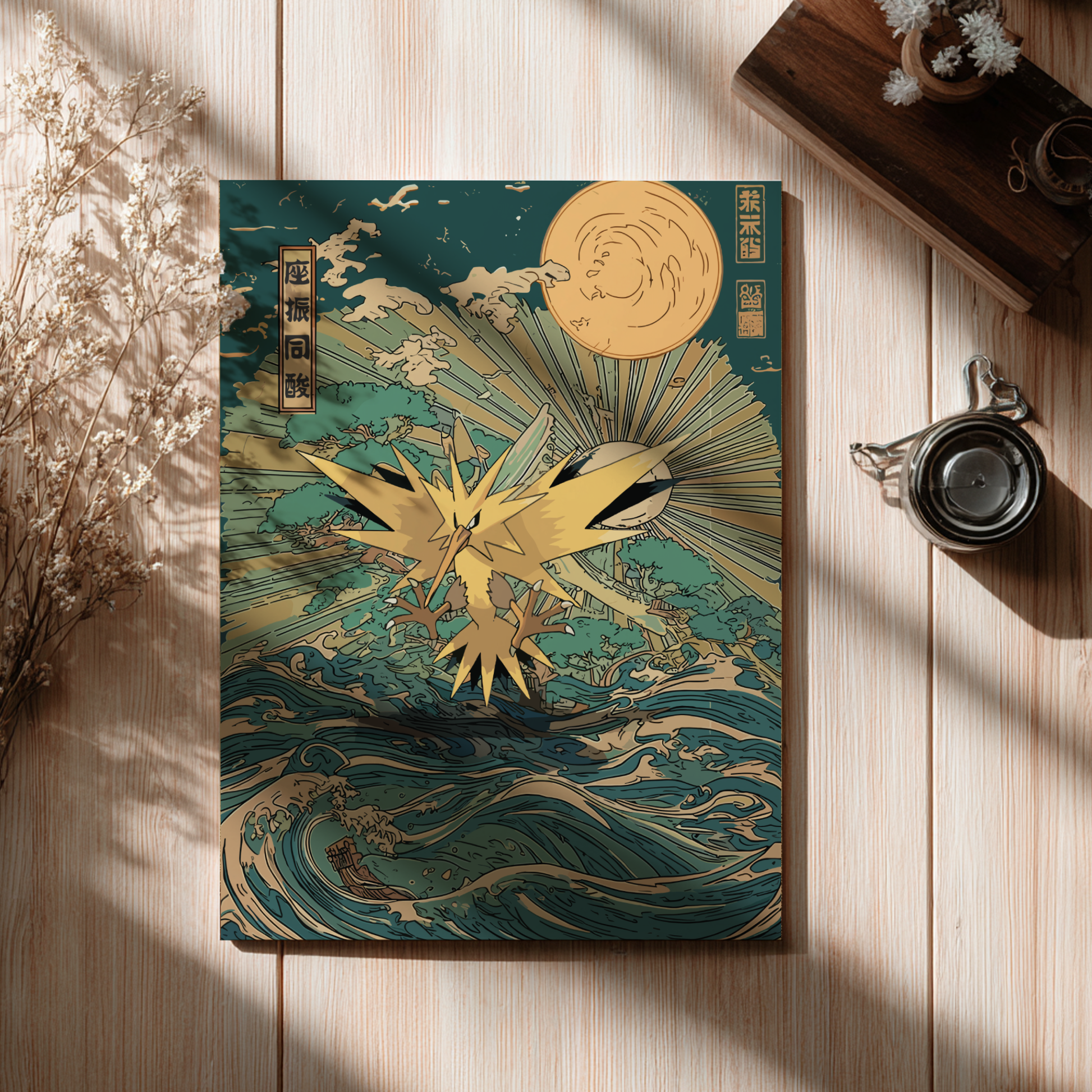 Decorative poster with Zapdos Pokemon design on a wooden surface