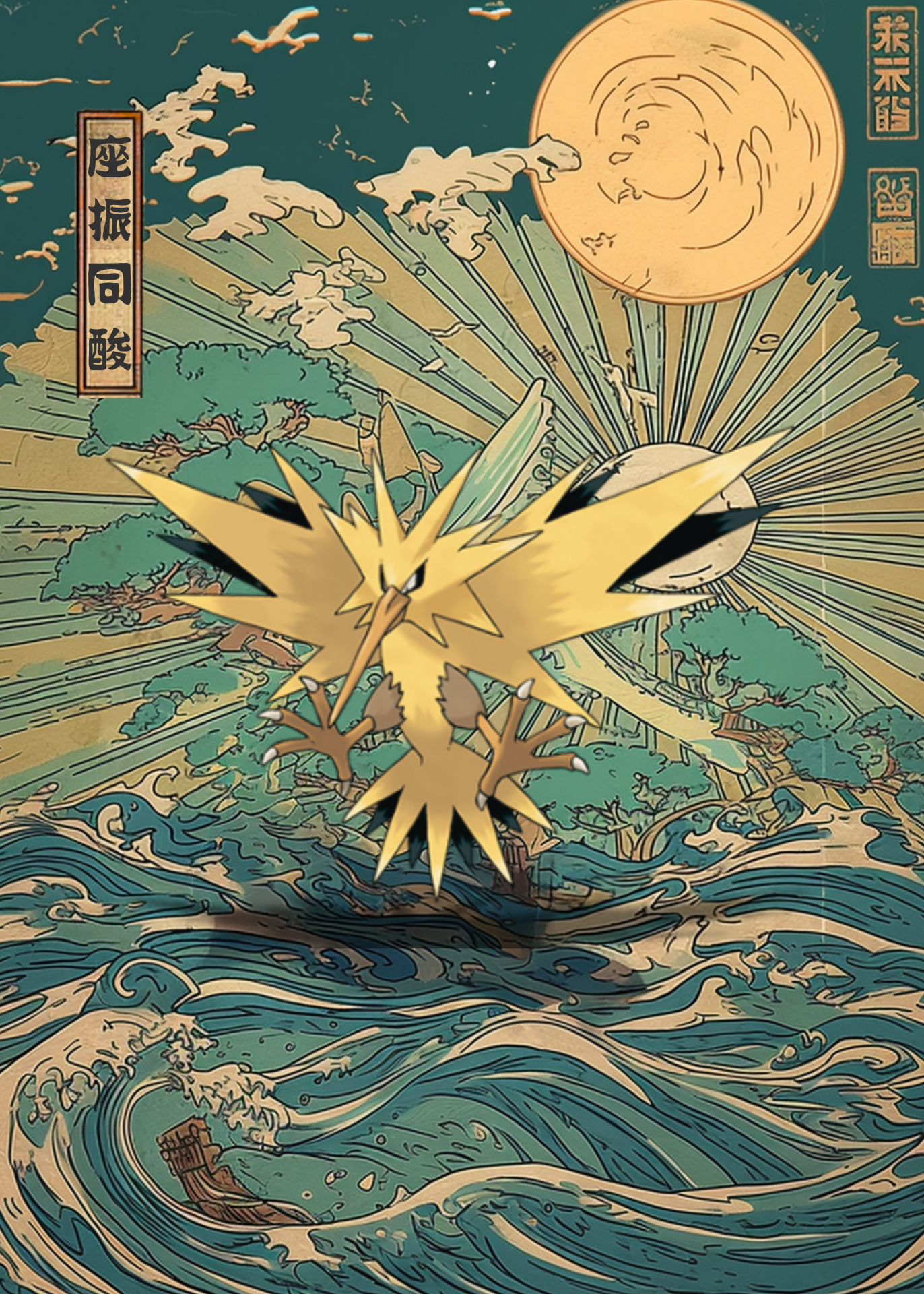 Zapdos Pokemon on waves with a moon in the background