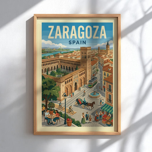 Vintage travel poster of Zaragoza, Spain, featuring cityscapes, architecture, and a tram in a retro style.