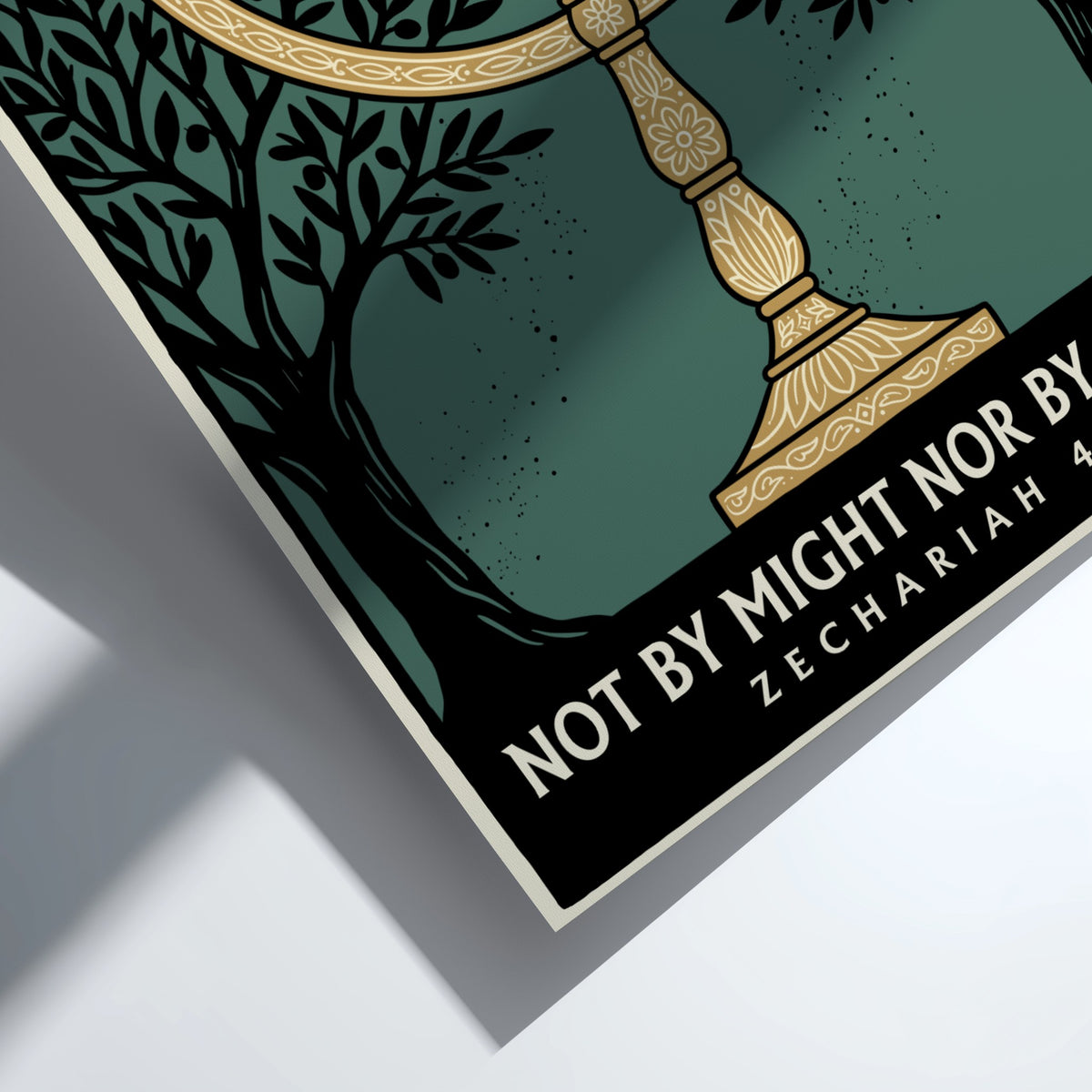 Poster featuring a golden menorah flanked by olive branches on a teal background.