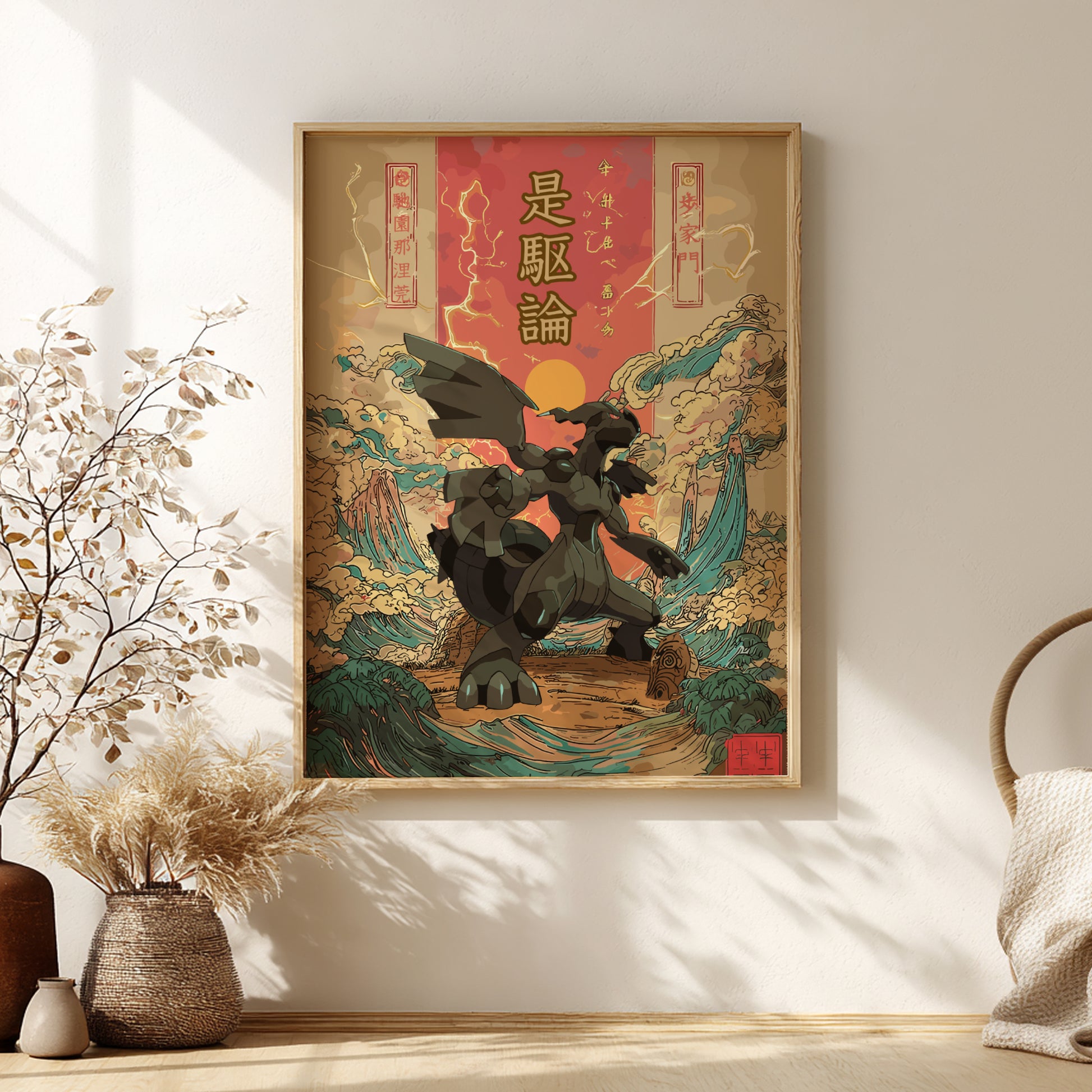 Framed artwork of Zekrom Pokemon on a wall with decorative elements.