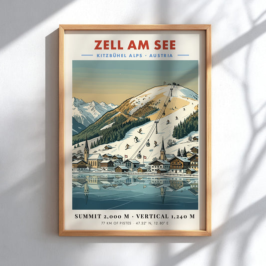 Poster of Zell Am See featuring snowy Austrian Alps, ski lifts, and village lake.