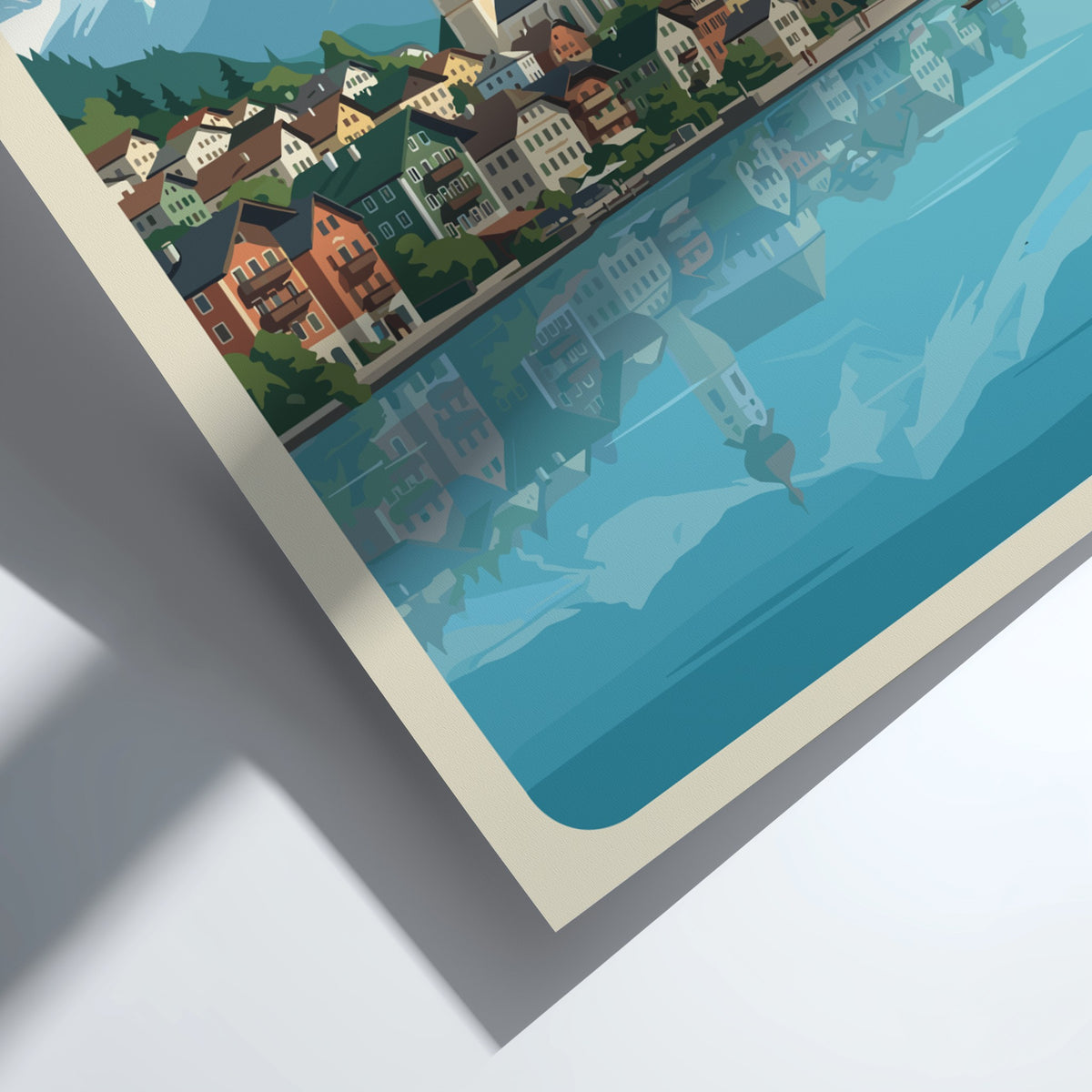 Zell Am See Austria poster featuring a lakeside village with snowy mountain peaks above.