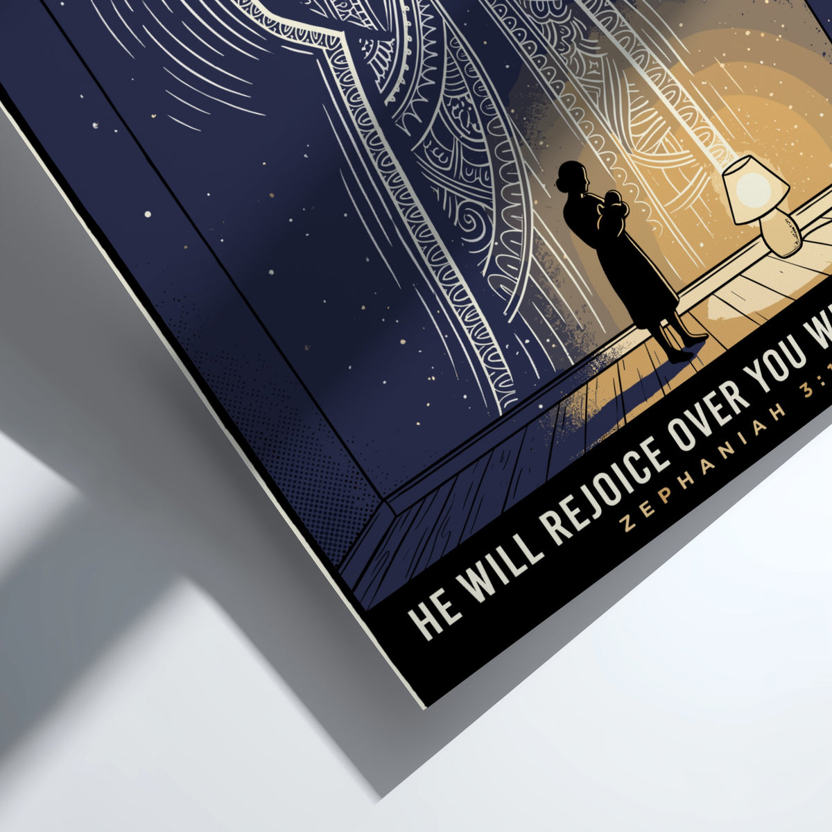 Poster featuring a mother holding a baby with a glowing, intricate silhouette behind them.