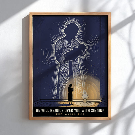 Poster featuring a mother holding a baby with a glowing, intricate silhouette behind them.