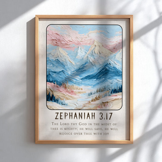 Zephaniah 3:17 poster featuring soft pastel mountains and scriptural verse, perfect for religious decor.