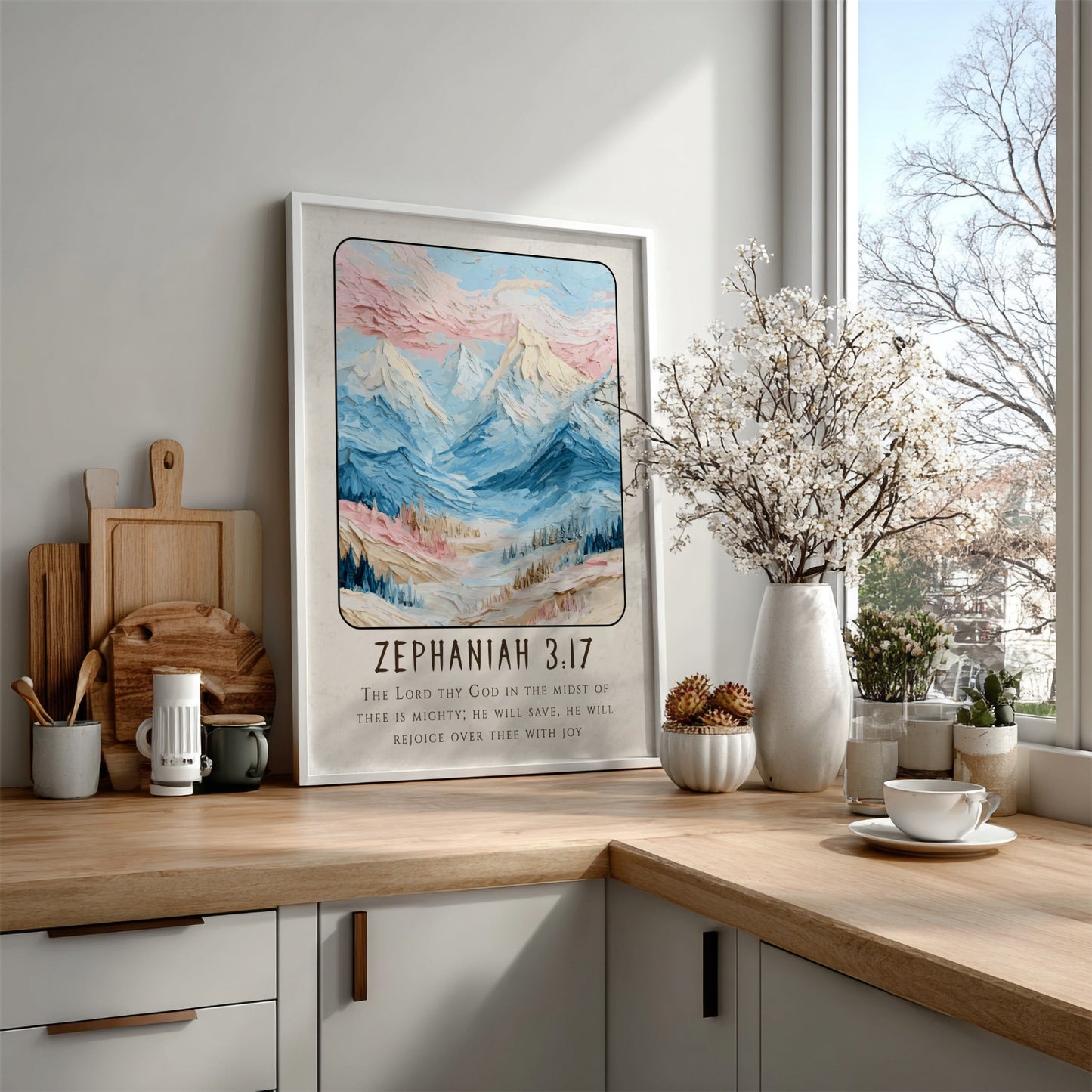 Zephaniah 3:17 poster featuring soft pastel mountains and scriptural verse, perfect for religious decor.