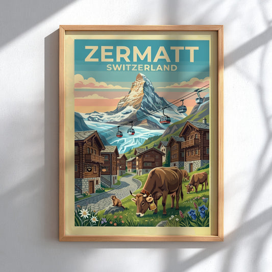 Travel poster featuring the Zermatt Switzerland Matterhorn peak, red cable cars, and cows.