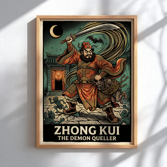 Poster featuring Zhong Kui the Demon Queller in red robes with a sword.