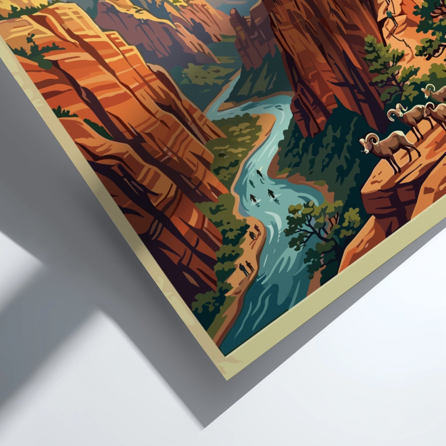 Travel poster of Zion National Park with red cliffs, a river, and bighorn sheep.