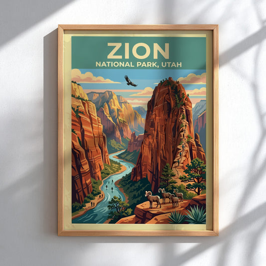 Travel poster of Zion National Park with red cliffs, a river, and bighorn sheep.