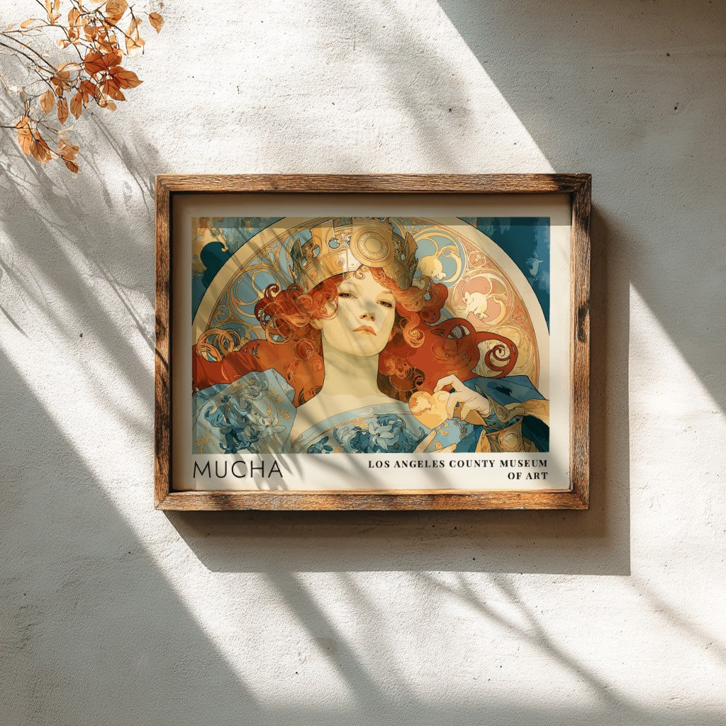 Alphonse Mucha Zodiaque poster featuring a crowned woman in an elegant Art Nouveau style.