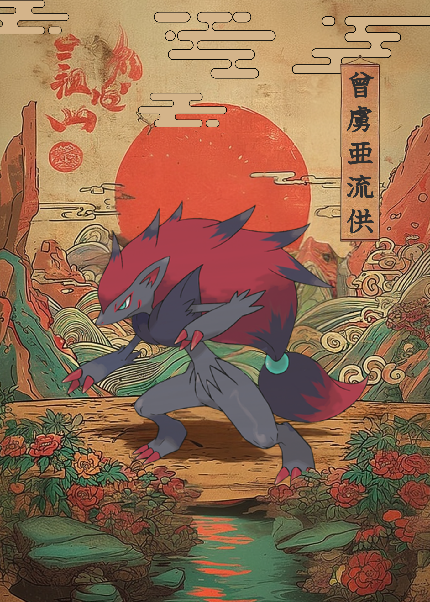 Zoroark Pokemon in a stylized, possibly Japanese, artistic setting with a large red sun and traditional elements.